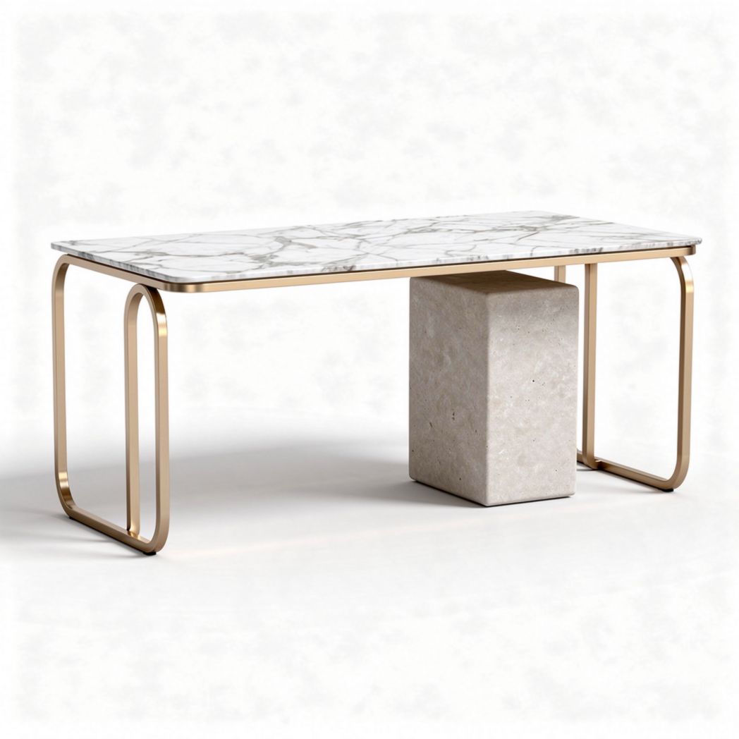 Table en marbre blanc avec piètement en métal doré 150 x 75 x 75cm