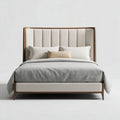 Lit double en tissu beige avec tête de lit en bois 200 x 160 x 120cm
