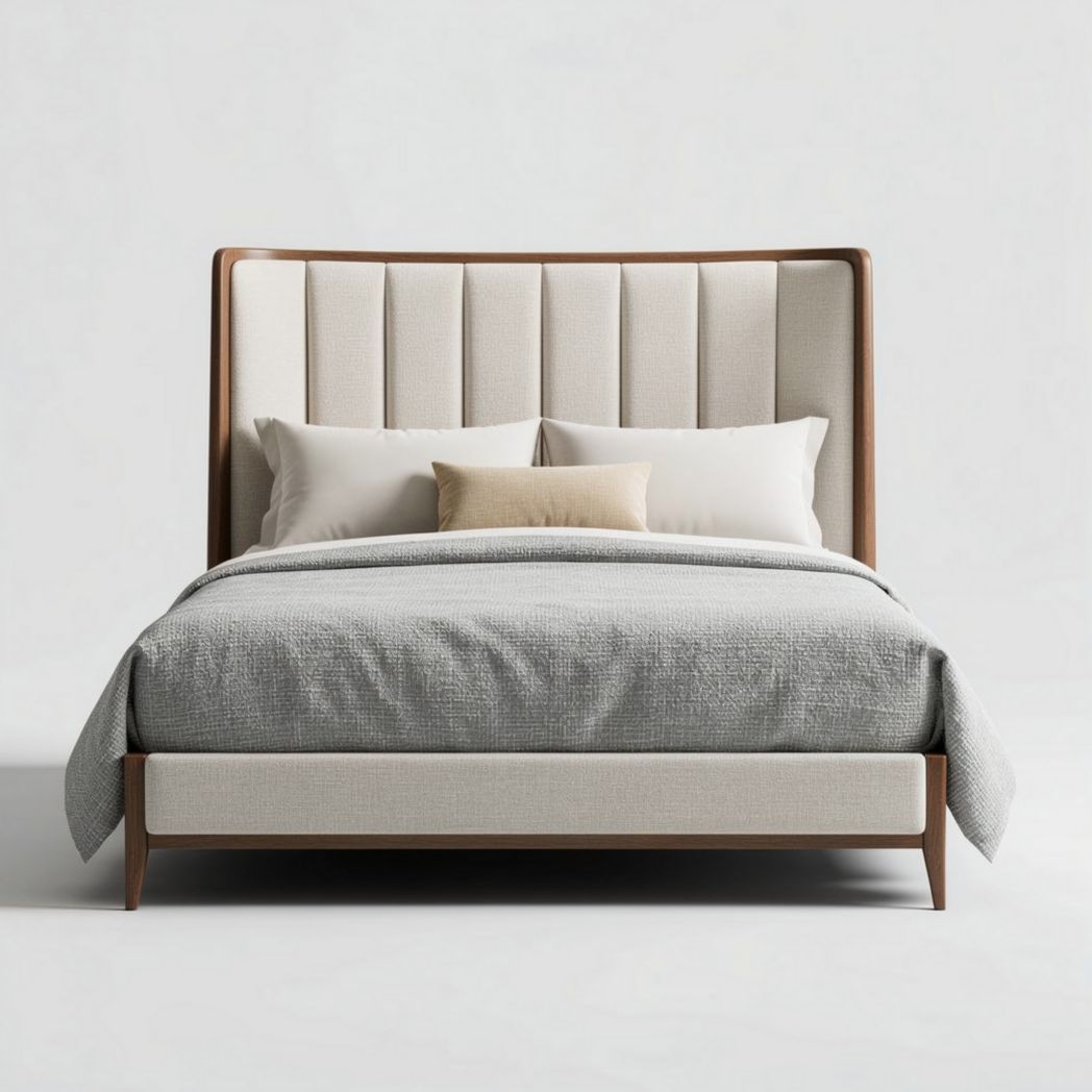 Lit double en tissu beige avec tête de lit en bois 200 x 160 x 120cm