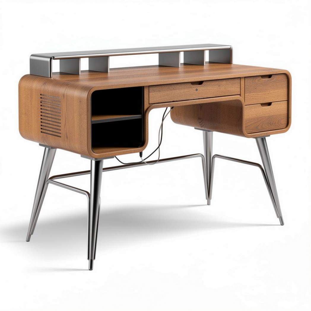 Bureau en bois de chêne avec rangement et connectiques 120 x 60 x 75cm