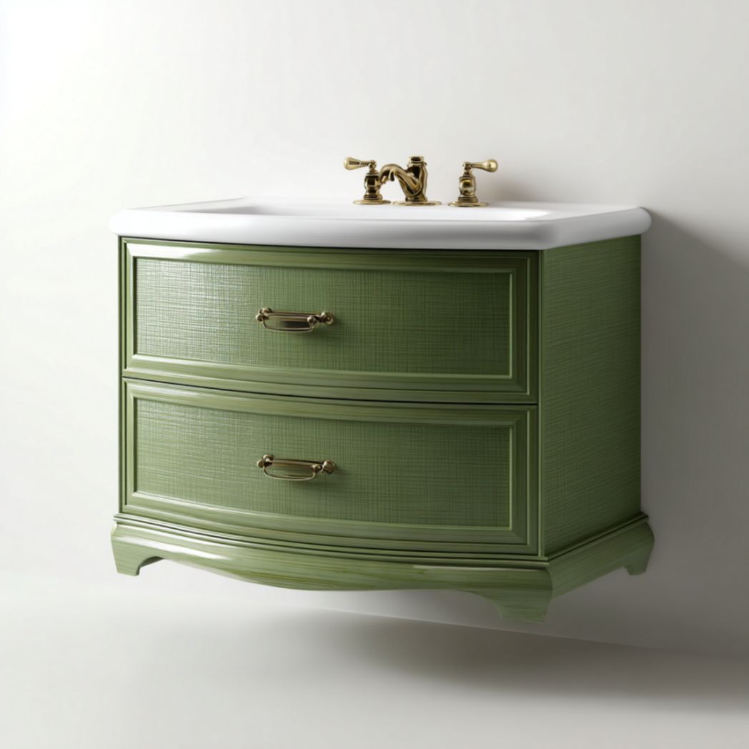 Meuble sous lavabo en bois vert avec deux tiroirs et évier en céramique 70 x 50 x 20cm